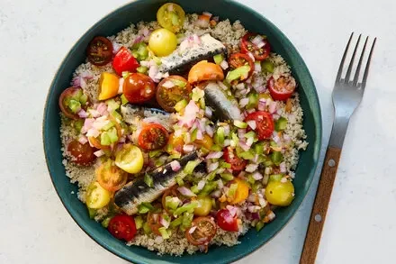 Grain Bowl with Sardines and Sauce Moyo